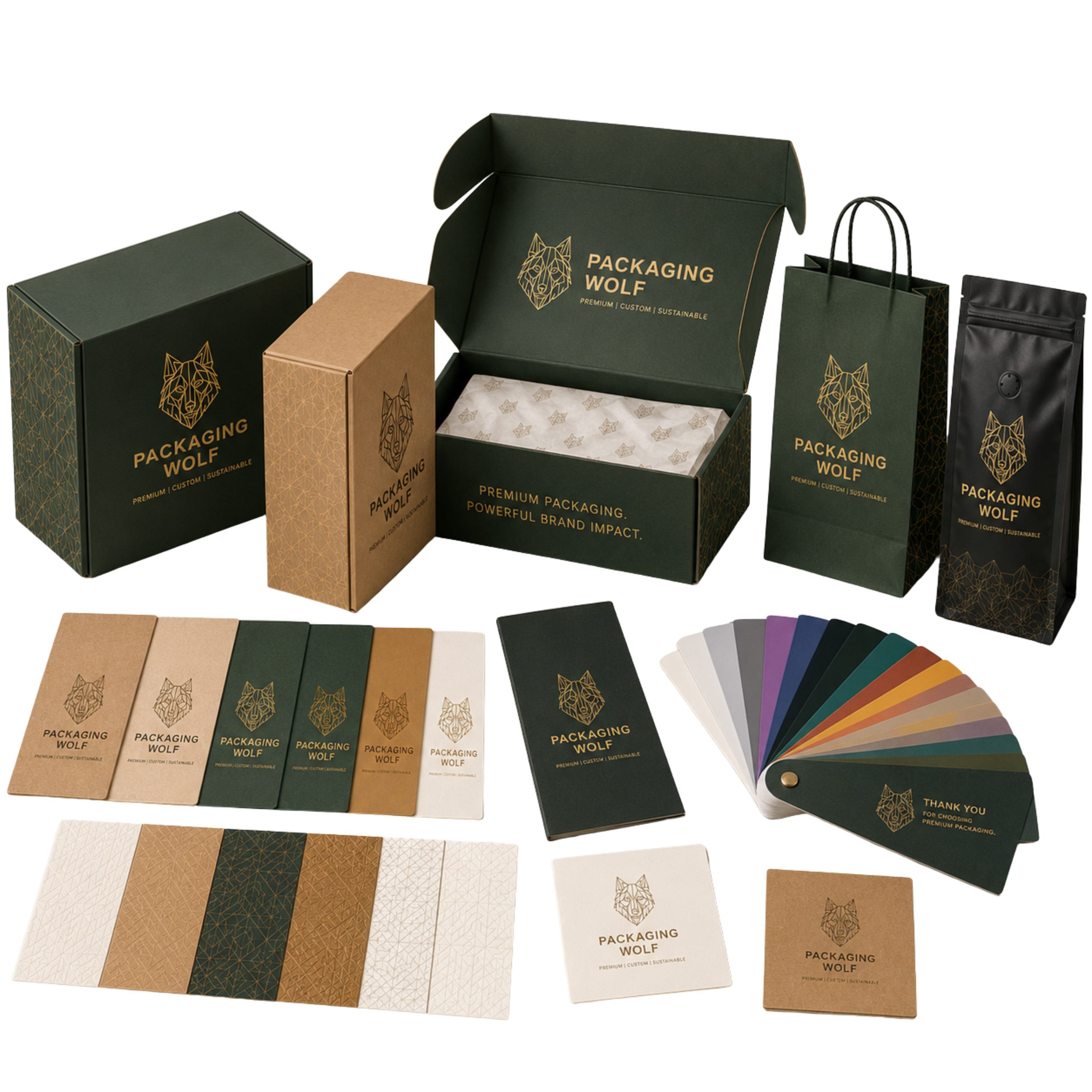 Packaging Wolf premium boxes, bags, and finish swatches lineup