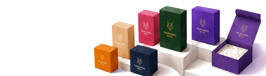 Packaging Wolf custom boxes and mylar pouch on a stone pedestal